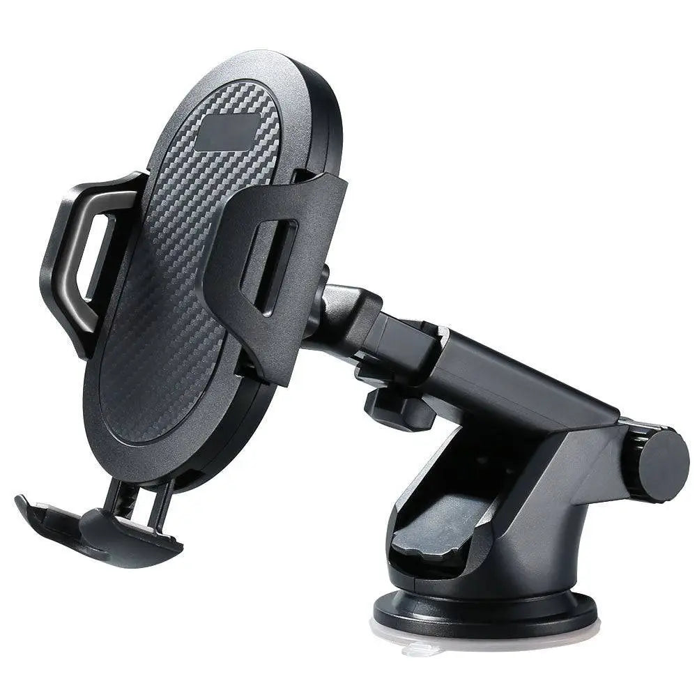 Black plastic adjustable suction cup car phone navigation bracket with carbon fiber textured grip and adjustable arm