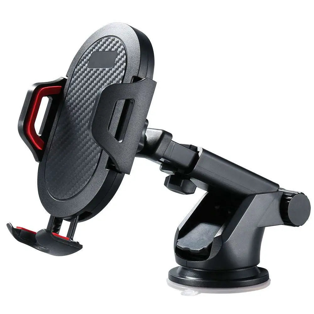 Adjustable suction cup car phone navigation bracket with black and red carbon fiber grip and adjustable arm