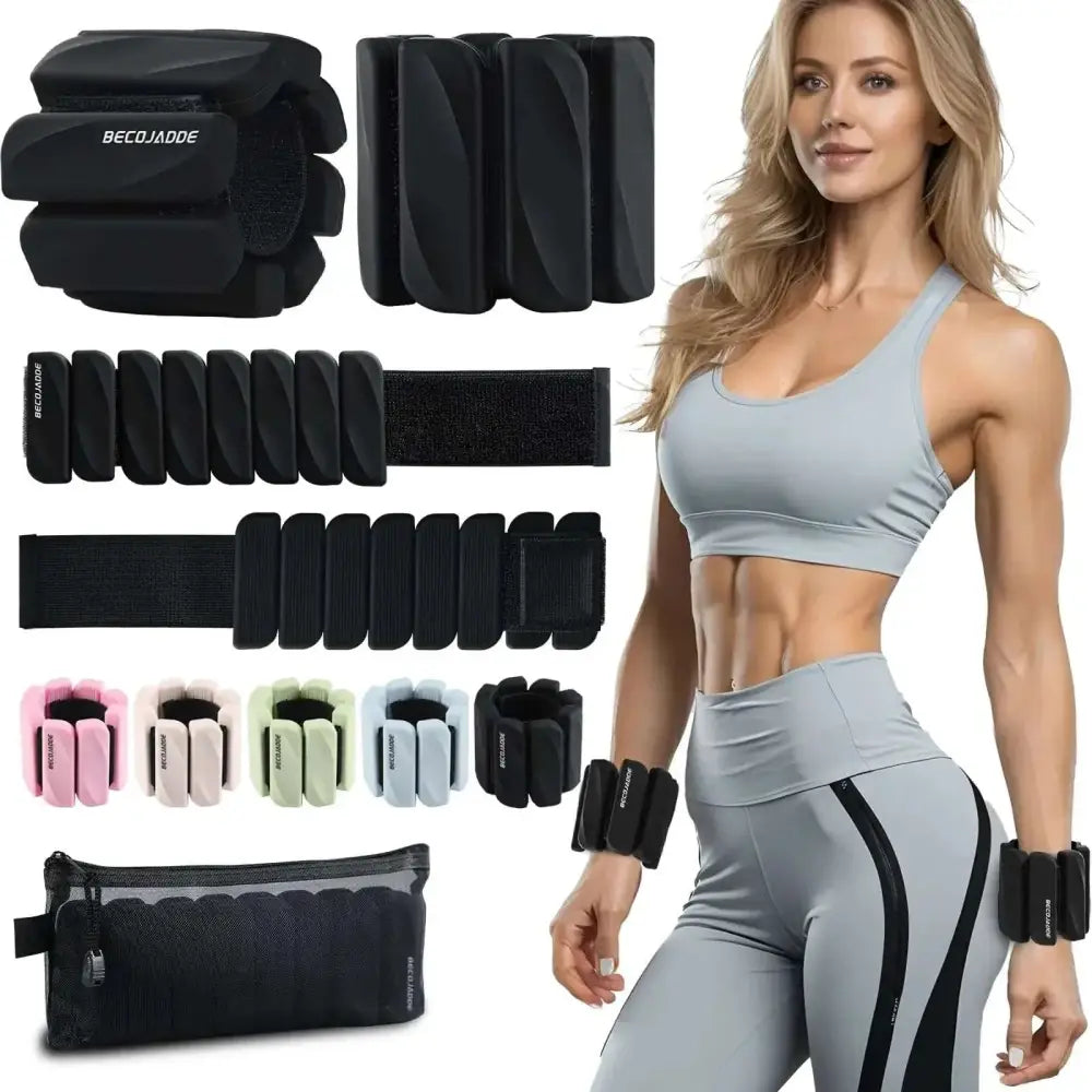 Adjustable wrist weights and ankle weights set with black becojade silicone grip and elastic strap in multiple colors