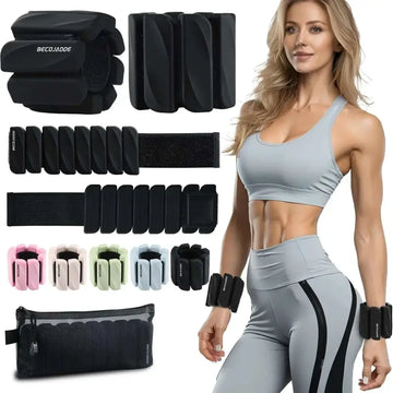 Adjustable wrist weights and ankle weights set with black becojade silicone grip and elastic strap in multiple colors