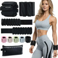 Adjustable wrist weights and ankle weights set with black silicone grip and elastic strap in multiple colors including pink and mint green
