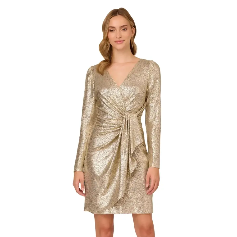 Adrianna papell womens plus size foiled knit dress in shimmering gold with long sleeves and draped front knot detail