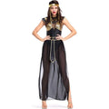 Adult cleopatra costume party black and gold dress with sheer overlay mesh bodice and matching headpiece for party ancient theme