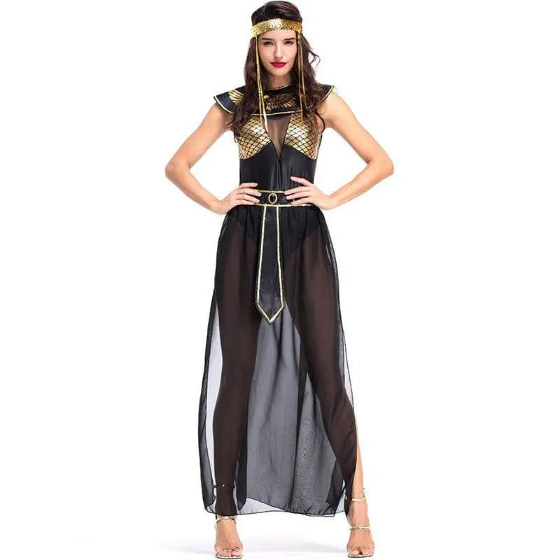 Adult cleopatra costume party black and gold dress with sheer overlay mesh bodice and matching headpiece for party ancient theme