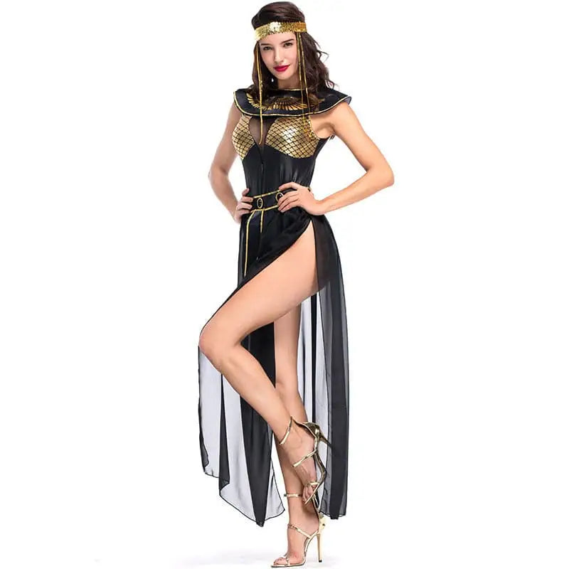 Adult cleopatra costume party dress in black and gold with mesh bodice high slit skirt and matching headpiece for costume party ancient theme