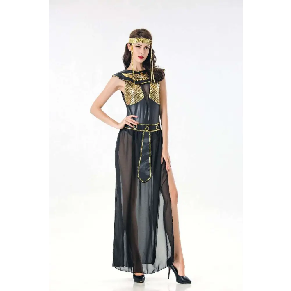 Adult Cleopatra costume party dress in black and gold with mesh detailing, high slit, and matching headpiece for party ancient theme