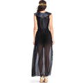 Black satin adult cleopatra costume dress with wide collar and sheer overlay for costume party ancient theme