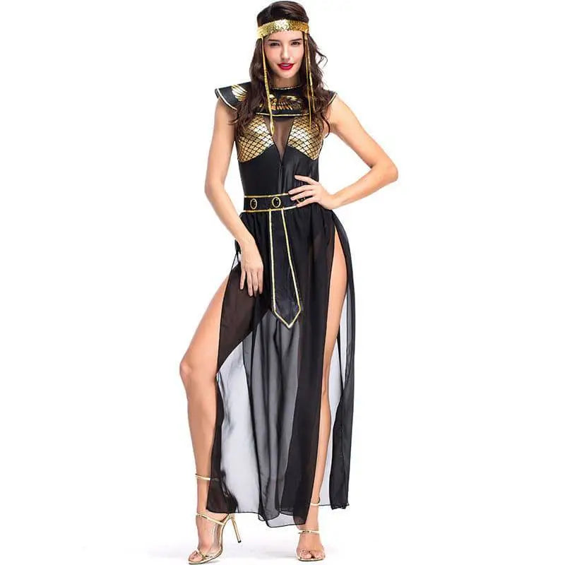 Adult Cleopatra costume party dress in black and gold with mesh detailing, high slit, and matching headpiece for party ancient theme