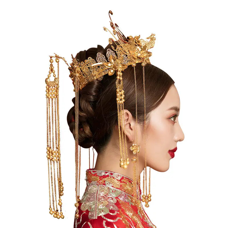 Antique gold filigree bridal hair crown featuring intricate filigree with dangling chains and beads as elegant hair accessories antique for special occasions.