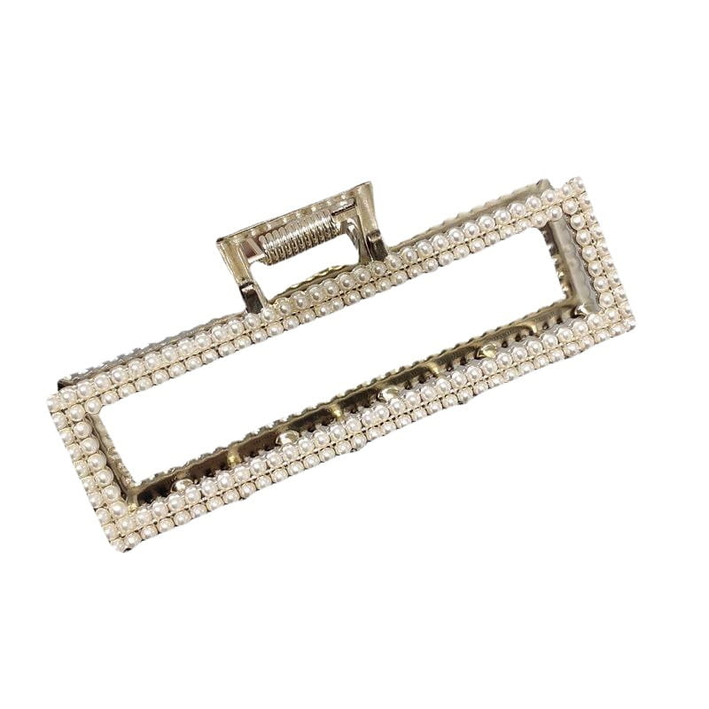 an elegant sweet pearl silver claw clip featuring a rectangular silver-toned design adorned with a dense row of clear rhinestones along its edges
