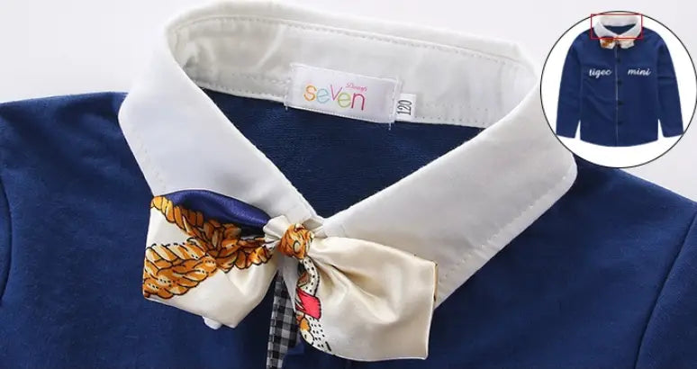 white collar with navy blue shirt and decorative bow made from printed silk fabric featured in the men’s plaid suspenders treasure suit tide suit.