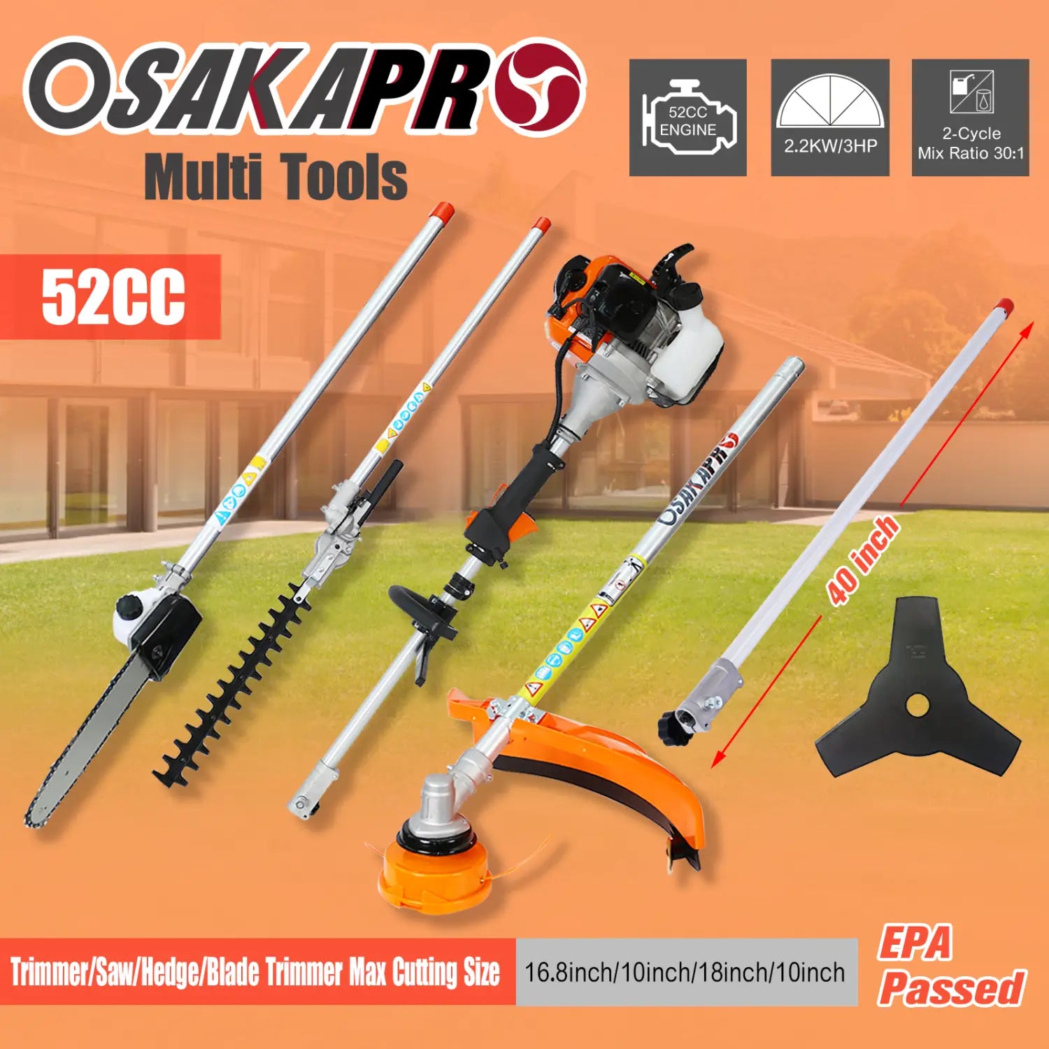 Osakapro 52cc hedge trimmer and brush cutter multi tool set with orange and black engine, silver metal shafts, and attachments including chainsaw blade, hedge trimmer, and brush cutter for versatile plastic pruning tools use.