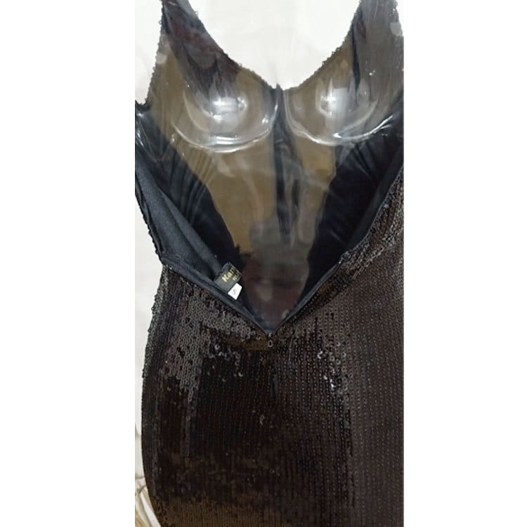A black sequined fringed backless slip dress featuring a sheer transparent bodice and a deep v-neckline.