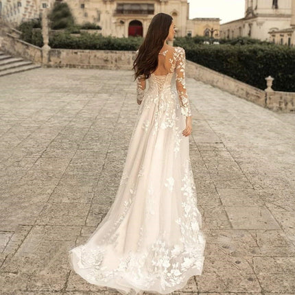 Long Sleeve Wedding Dress Mori Style Bridal Simple Round Neck - Royalessencelux