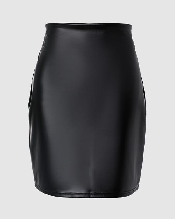 black high waist ruched mini skirt with a tight pu leather material and sleek form-fitting design