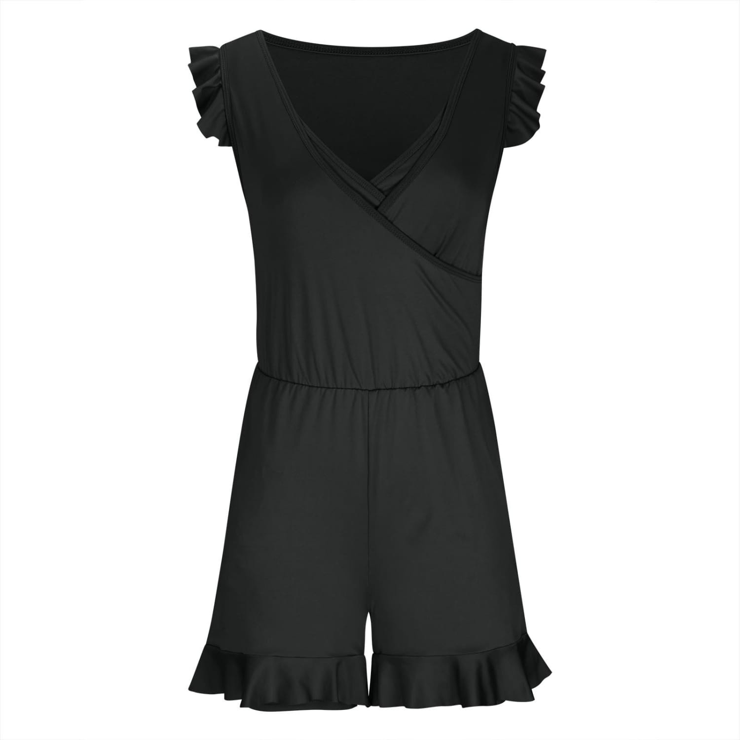 black solid color printing bikini ruffled romper swimwear with v-neckline and ruffled sleeves and hem