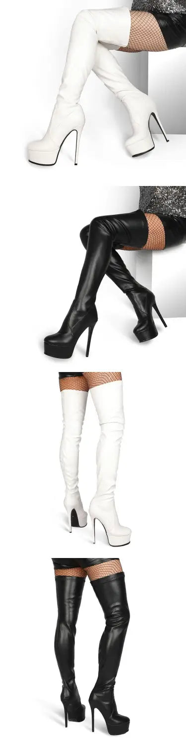 White and black patent knee high heel platform boots with high heels from the pink patent platform high heel boots collection.