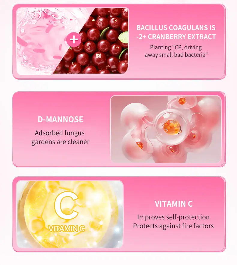 pink rectangular panels highlighting cranberry extract d-mannose and vitamin c ingredients in uro women’s probiotic capsules advertisement for women’s health and wellness