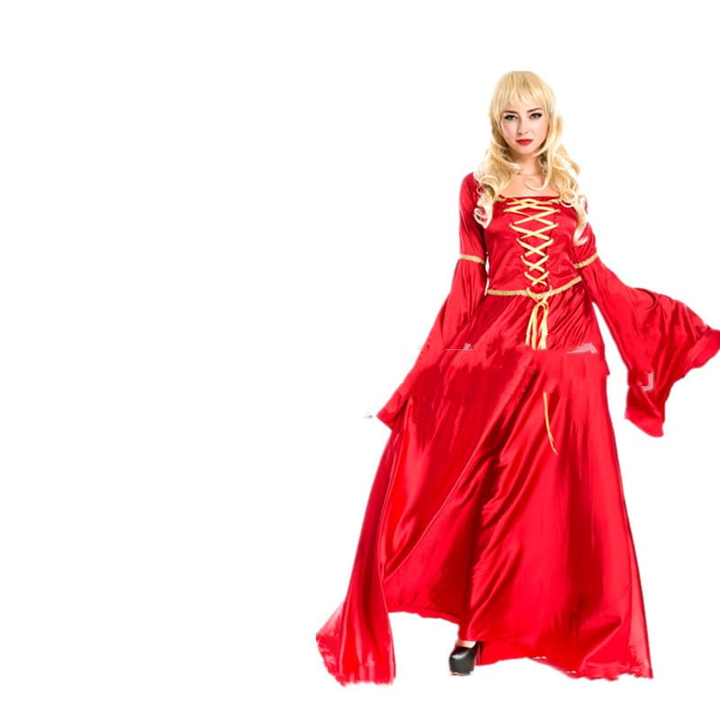 A flowing vibrant red satin gown with gold lacing and trim designed as a velvet halloween cos ball queen dress evening gown.