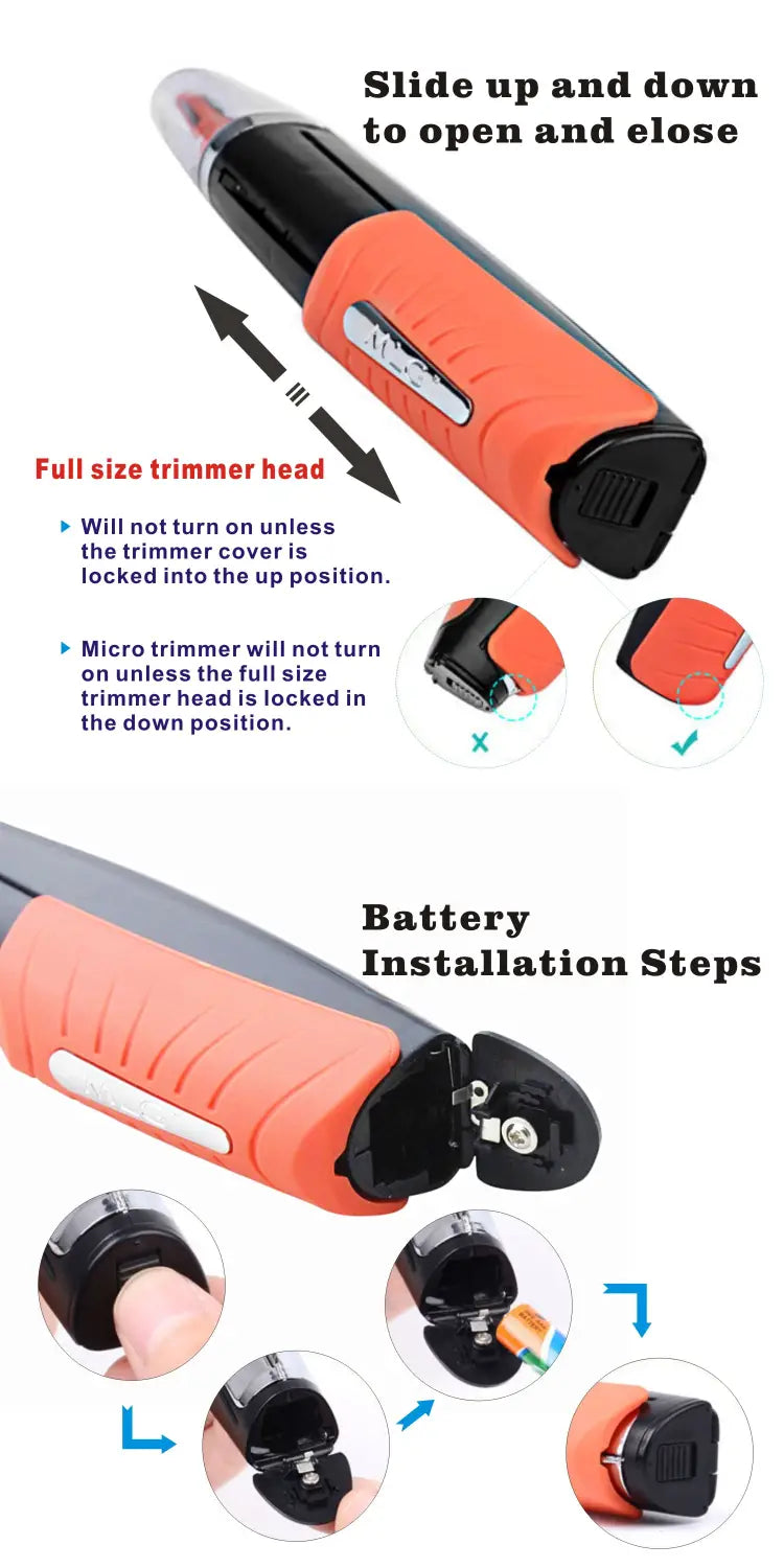 orange and black handheld multifunctional shaving machine eyebrow and nose hair trimmer with a sliding mechanism for opening and closing the full-size trimming head