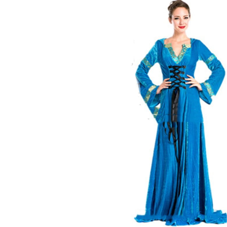 a flowing royal blue velvet medieval style gown with gold trimmed cuffs and neckline featuring a black lace up front designed as a velvet halloween cos ball queen dress evening gown