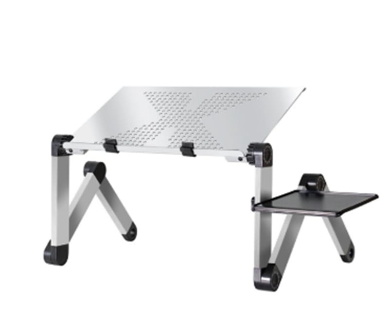 Silver aluminum adjustable folding ergonomic laptop table stand with perforated surface and attached black mouse pad side tray