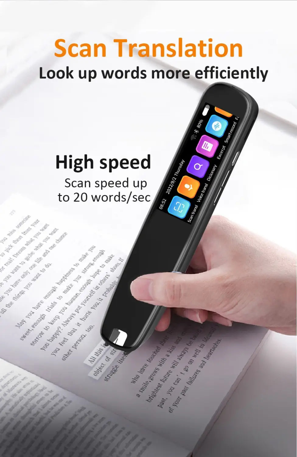 black handheld offline scanning translation dictionary pen with colorful app icons on its screen designed for scanning translation of text