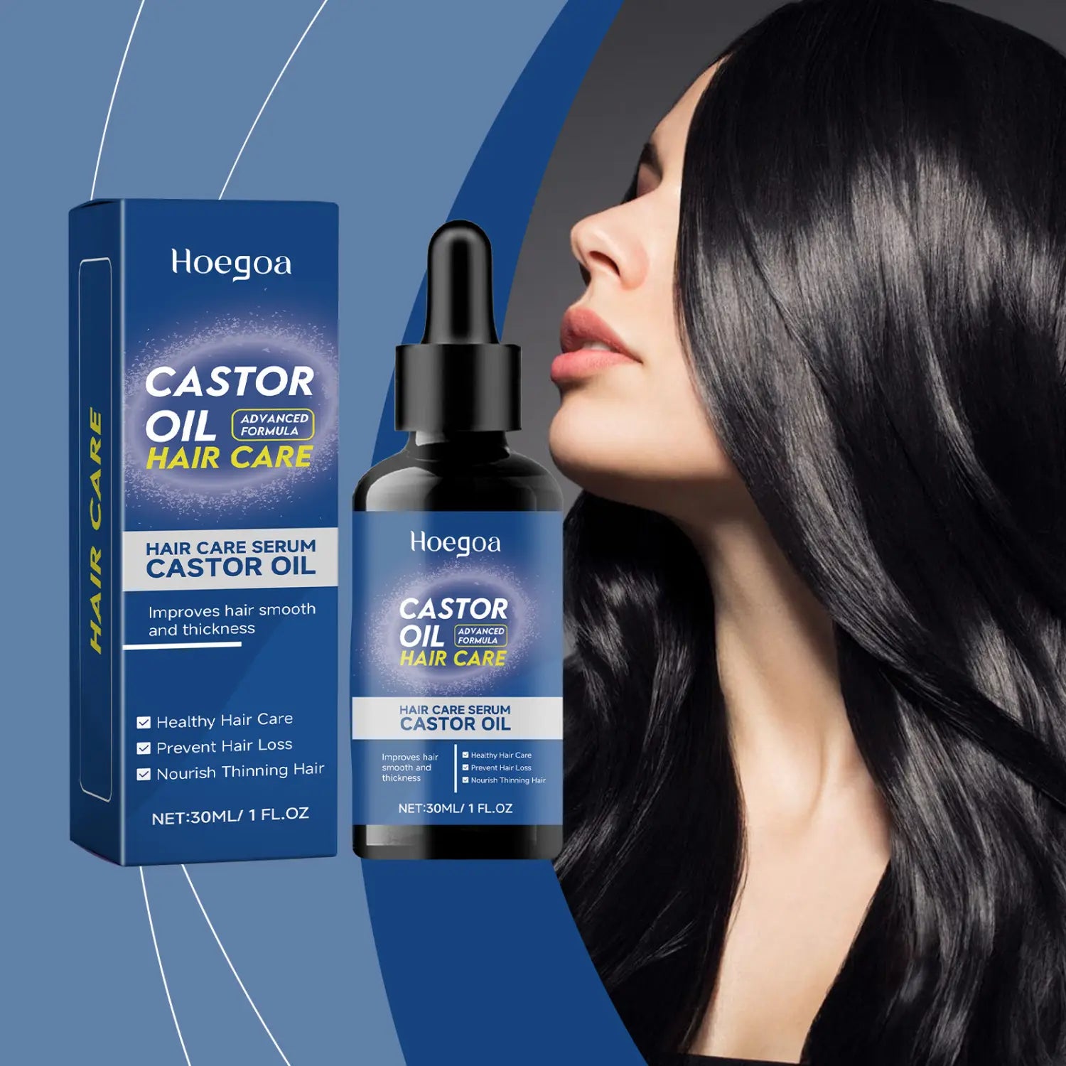 Hoegoa brand castor oil hair care solution improves hair smoothness in a sleek black glass bottle with dropper cap and blue packaging.