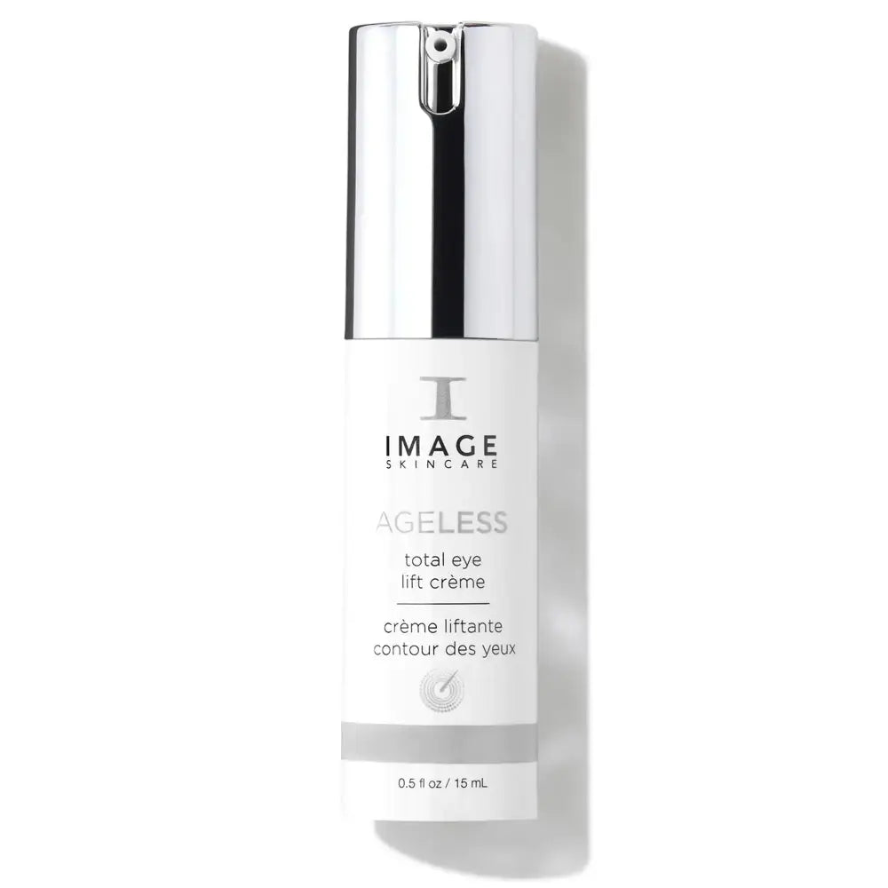 Silver and white ageless total eye lift creme 15ml in a sleek cylindrical bottle with a metallic pump dispenser