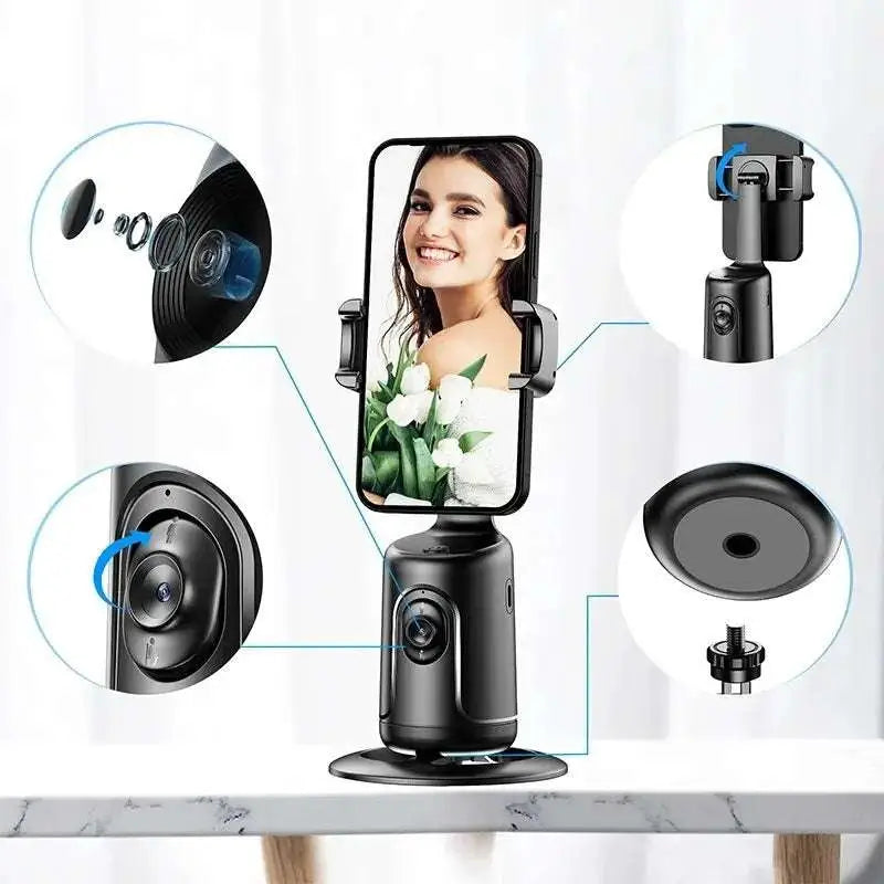 Black smartphone mount with adjustable clamps and rotating camera base for 360° ai face tracking gimbal phone holder