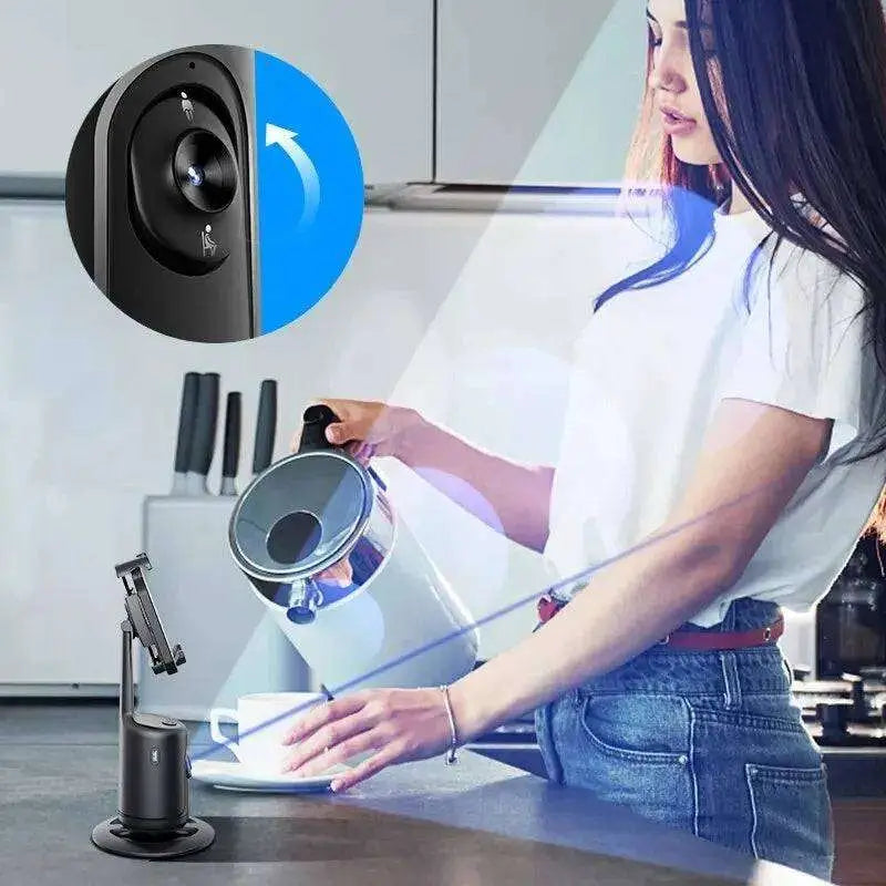 Black cylindrical AI smart face tracking gimbal phone holder with circular lens and 360° AI face rotating motion indicator
