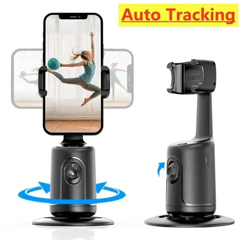 Black auto-tracking phone gimbal with rotating base and camera lens for stable video capture featured on RoyalEssenceLux titanium steel jewelry and collection highlights page.