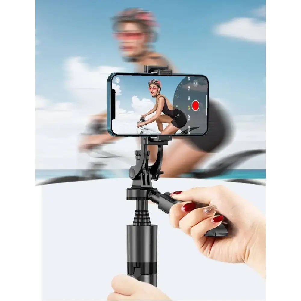 Black smartphone mounted on a selfie stick with adjustable grip and extendable arm for 360° ai face tracking gimbal use