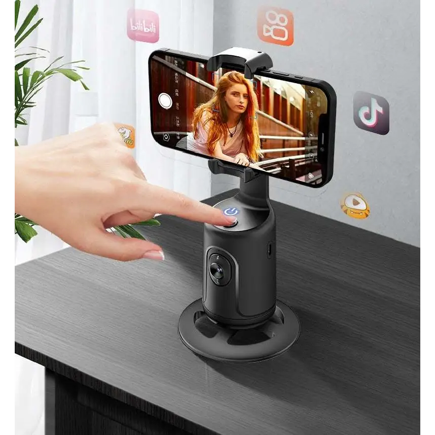 Black smartphone tripod with rotating base and clamp for stable video recording ai smart face tracking gimbal phone holder