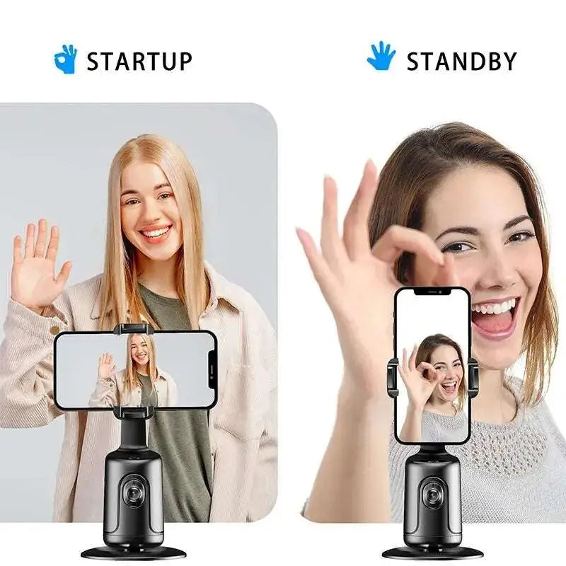 Black smartphone tripod with adjustable arm and camera mount for 360° ai face tracking gimbal phone holder