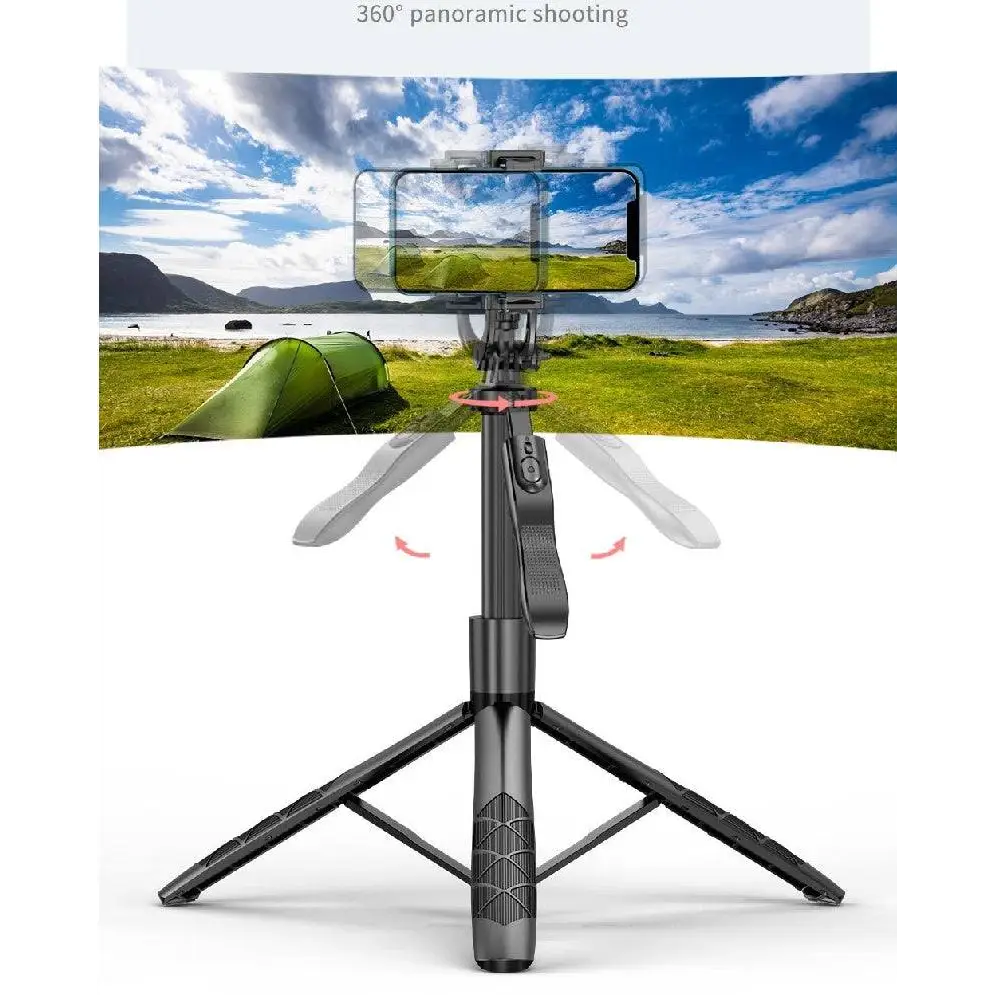 Black tripod-style selfie stick with phone mount featuring 360° AI face and smart face tracking gimbal technology