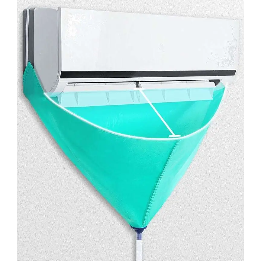 Teal fabric air conditioner waterproof cover with white trim and flexible base for cleaning tools suit mounting