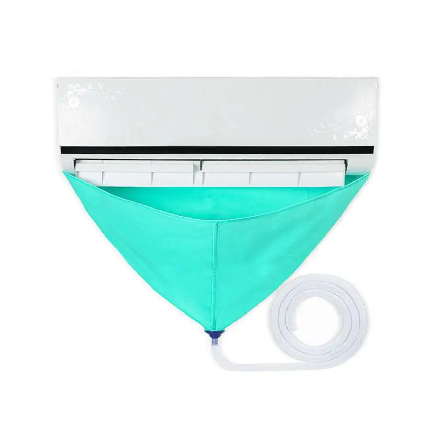 Teal triangular fabric air conditioner drip catcher with clear plastic tubing for conditioner waterproof cover cleaning tools suit