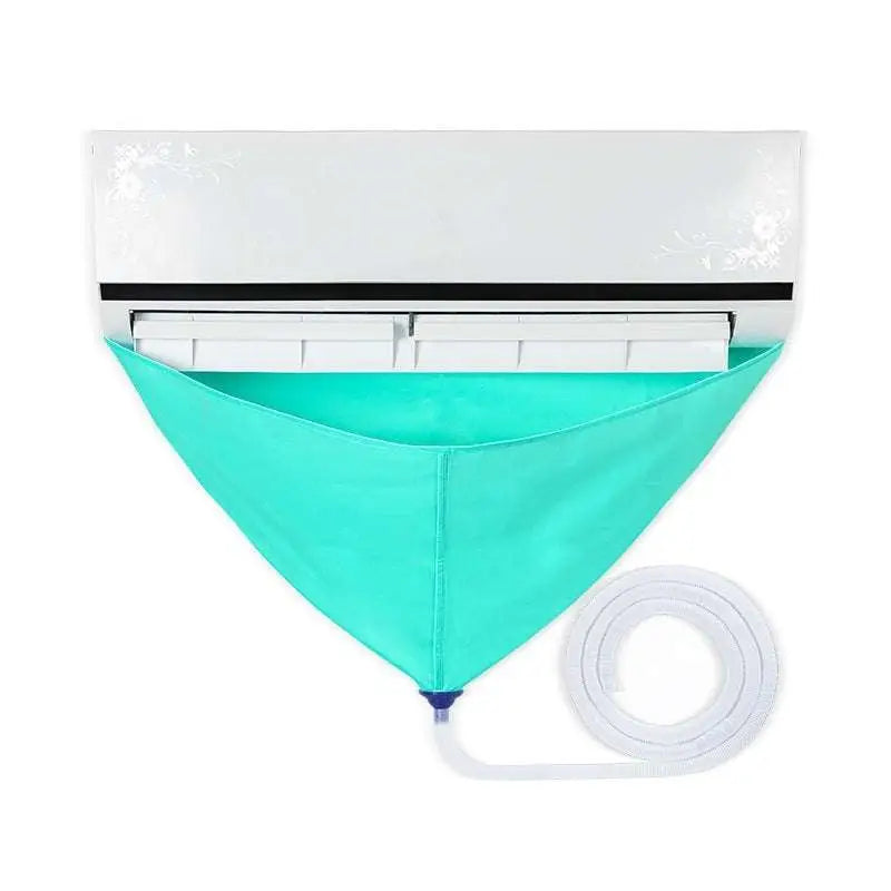 Teal fabric air conditioner drip catcher with clear plastic tube in a conditioner waterproof cover cleaning tools suit