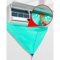 Teal fabric air conditioner waterproof cover with blue drainage spout and orange adhesive strip cleaning tools suit