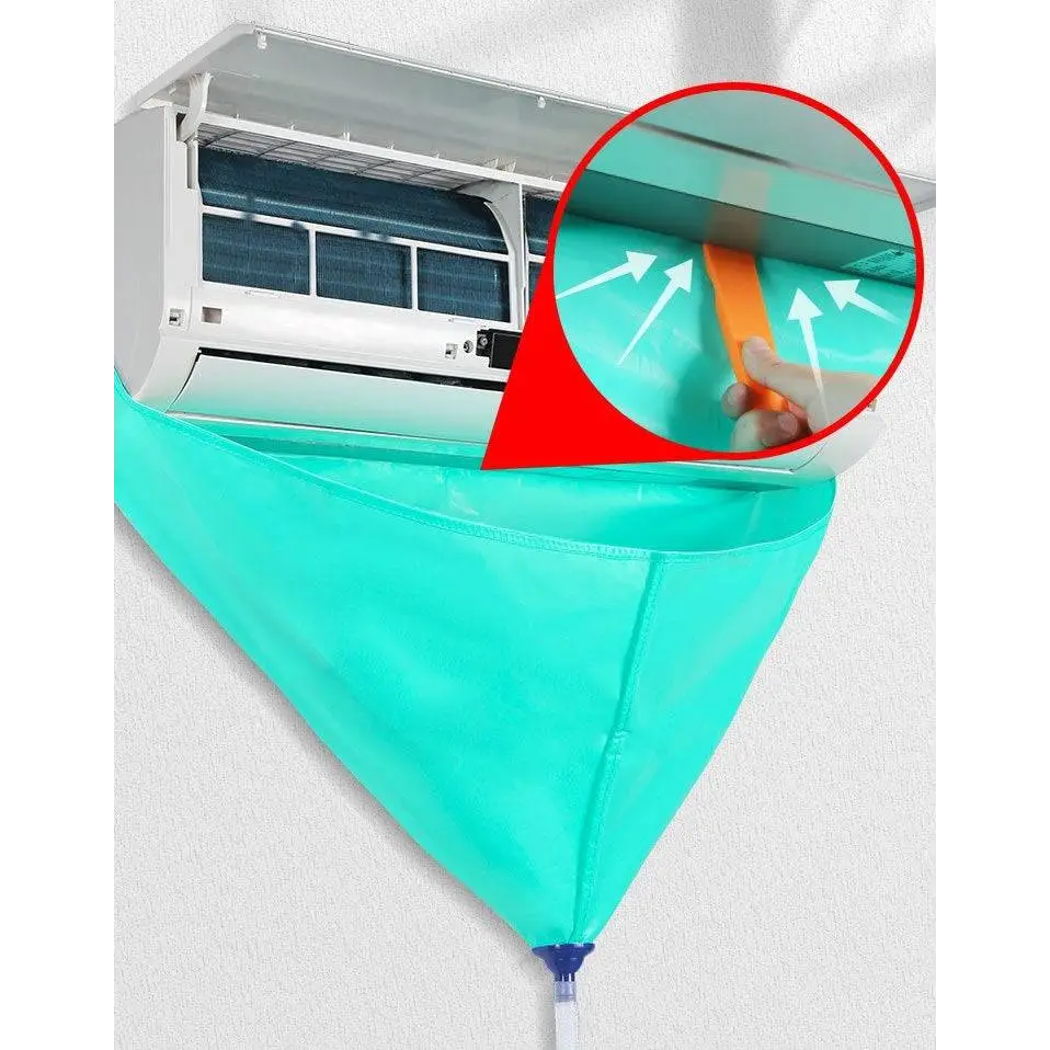 Teal fabric air conditioner waterproof cover with blue drainage spout and orange adhesive strip cleaning tools suit
