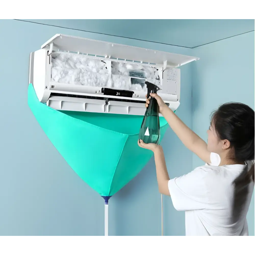 Teal fabric air conditioner waterproof cover cleaning tools suit with white pole base for efficient AC cleaning use
