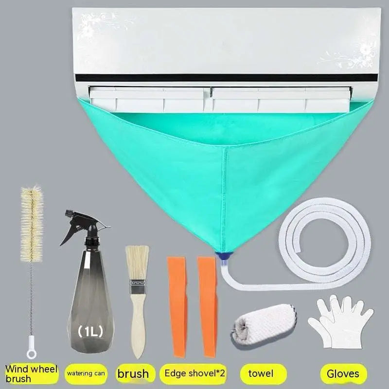 Teal fabric air conditioner cleaning tools suit with white hose and conditioner waterproof cover for effective maintenance