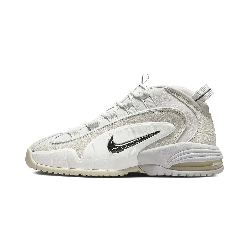 White nike air max penny dv0684 sneaker with textured upper and black swoosh in size 10 for casual wear