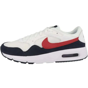 White university red air max sneakers shoes with navy blue accents and visible air cushioning unit in the sole
