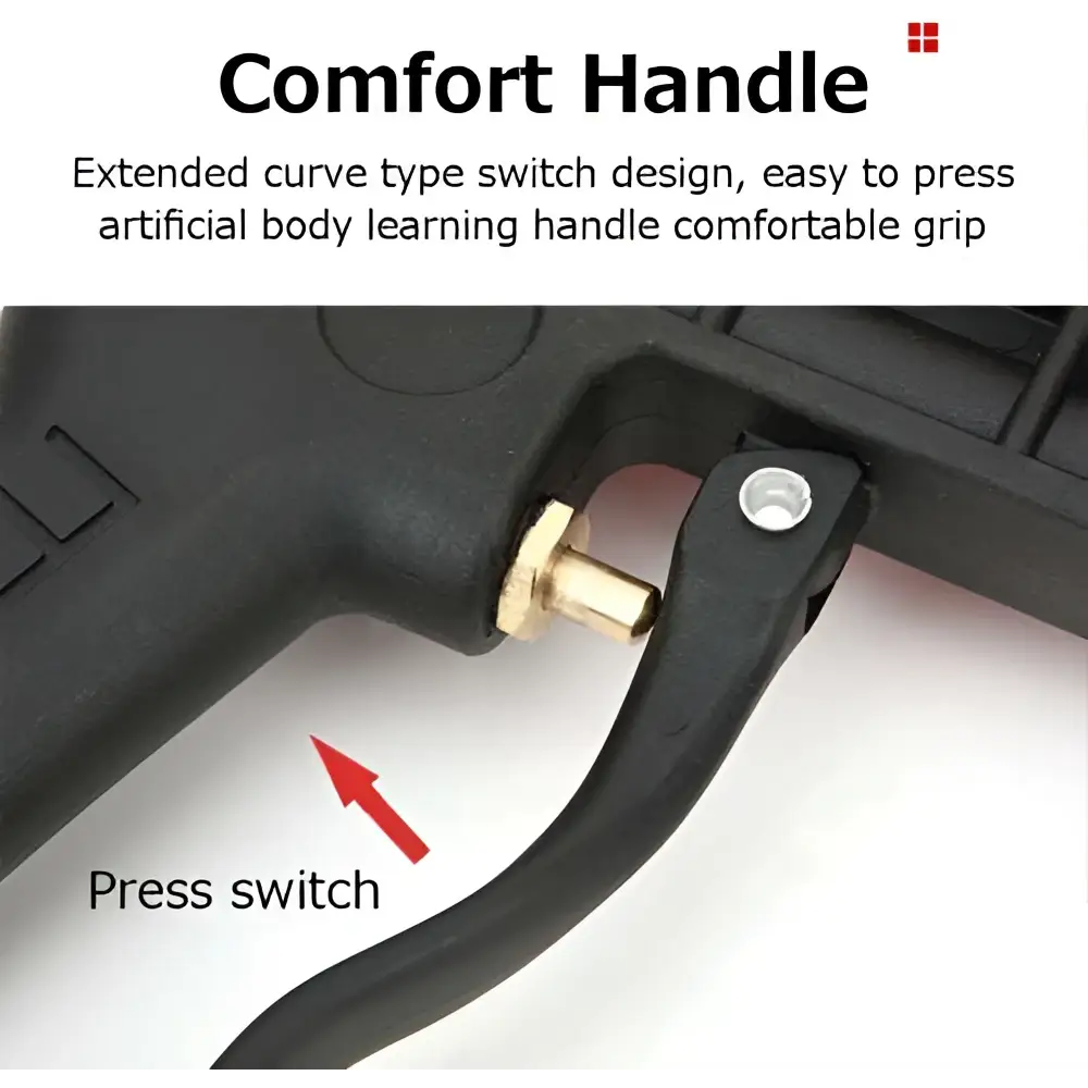 Black plastic handle with gold press switch and ergonomic design on air portable sandblasting gun for brake disc paint