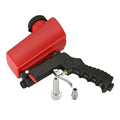 Red plastic air portable sandblasting gun with black grip and silver nozzle attachments for brake disc paint application