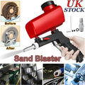 Red and black air portable sandblasting gun with textured grip designed for brake disc paint removal