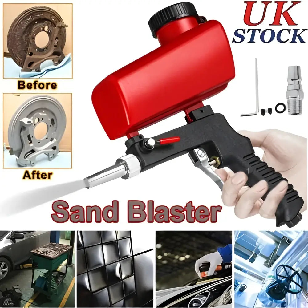 Red and black air portable sandblasting gun with textured grip designed for brake disc paint removal