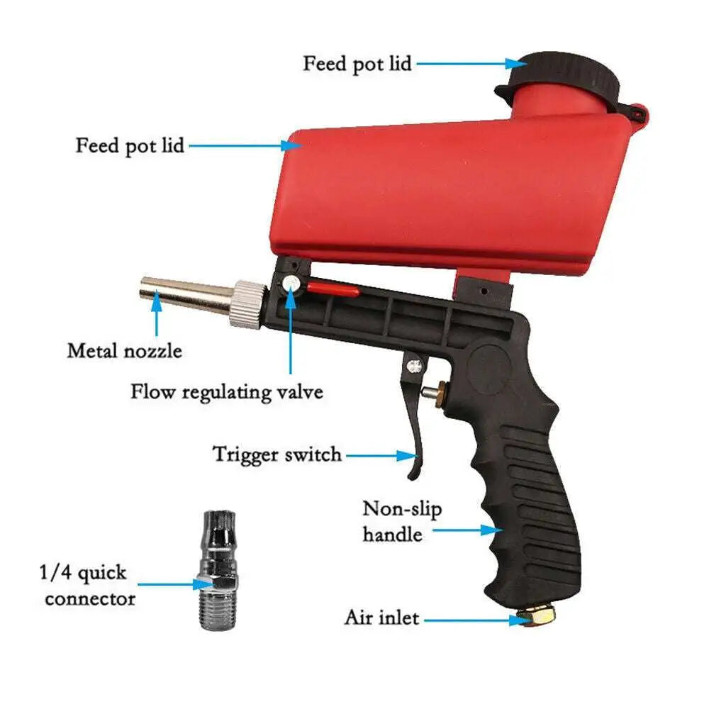 Red and black handheld air portable sandblasting gun applying white paint to a car brake disc for precise coating